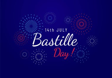 Bastille Günü afiş tasarımını mavi koyu arkaplan üzerine yazı ve havai fişek illüstrasyonuyla karşılıyor. 14 Temmuz 'da. - Vektör