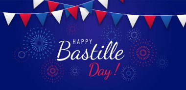 Mutlu Bastille Günü tebrik kartı ya da afiş tasarımı metin ve havai fişek resimli, mavi arkaplanda bayraklar. - Vektör