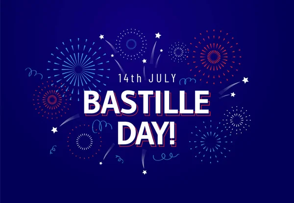 14 Temmuz, Bastille Günü kutlama kartı ya da bayrak tasarımı şablonu Fransız ulusal renkleri ile metin ve havai fişeklerle. - Vektör