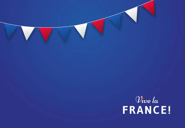 Yaşasın Fransa! Yaşasın Fransa! Kart ya da pankart tasarımı için dekoratif bayraklı mavi arkaplan. Bastille Günü, 14 Temmuz. - Vektör illüstrasyonu