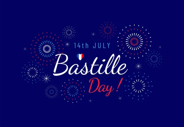 Bastille Day Üdvözlő Banner Design Sablon Tűzijáték Illusztráció Sötétkék Háttér — Stock Vector