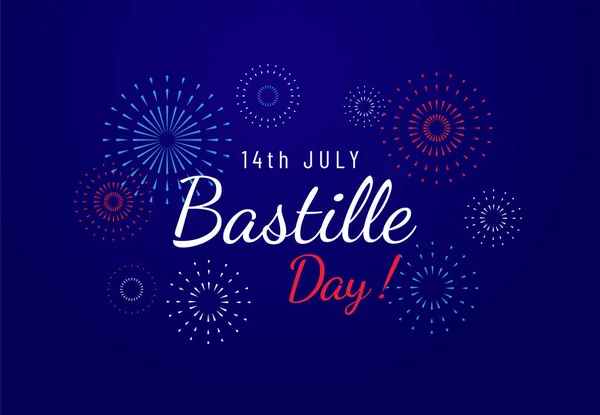 Bastille Day Greeting Banner Design Text Fireworks Illustration Blue Dark — Stock Vector