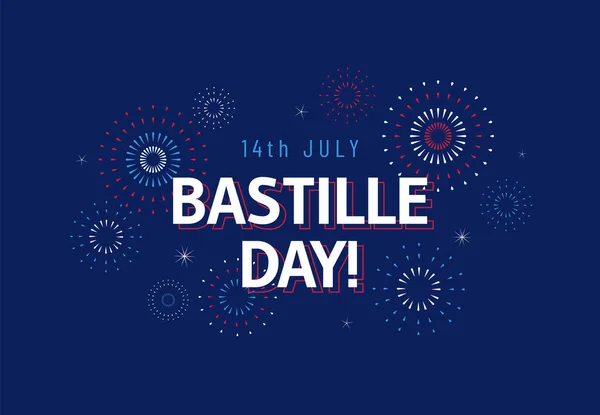 14 Temmuz, Fransa 'da Bastille Günü kutlaması. Fransa 'da Ulusal Bayram için mavi arka planda renkli havai fişekler bulunan bayrak tasarımı. - Vektör