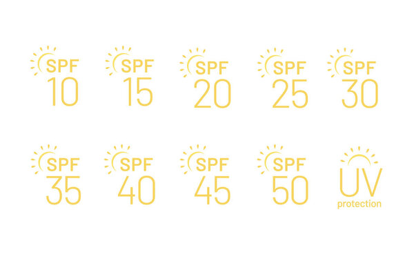 Set of flat SPF sun protection icons isolated on white background. Icons for sunscreen products or other skin cosmetics. - Vector illustration