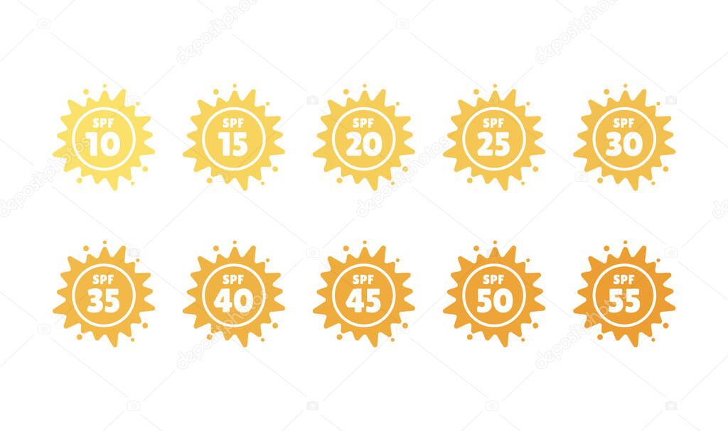 Set of flat SPF sun protection labels or stickers isolated on white background. Icons for sunscreen or tan products and skin cosmetics. - Vector illustration