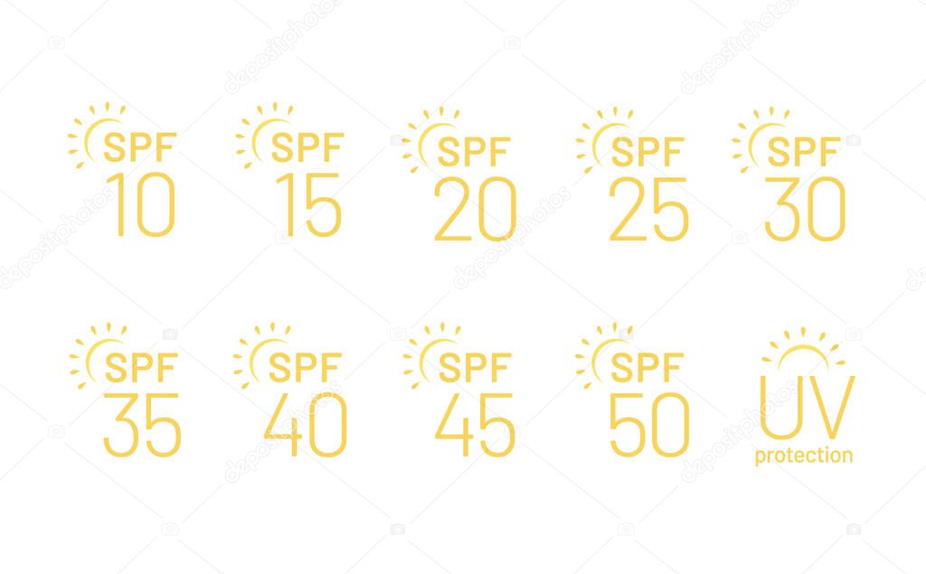 Set of flat SPF sun protection icons isolated on white background. Icons for sunscreen products or other skin cosmetics. - Vector illustration