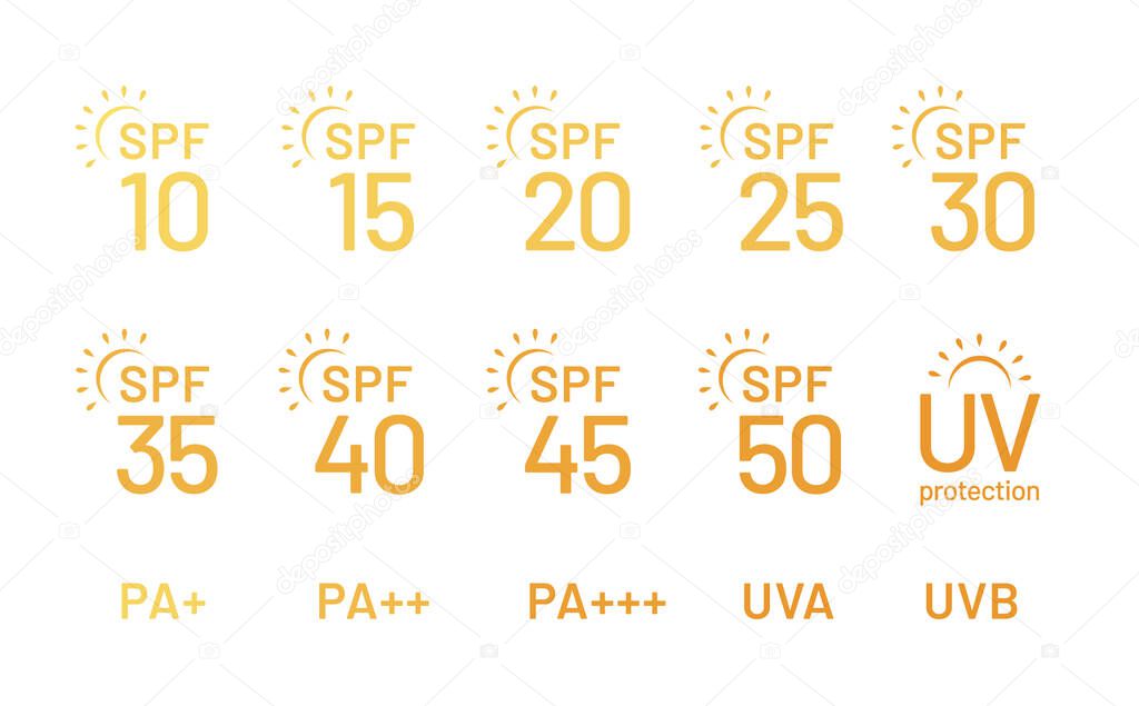 Set of simple flat SPF sun protection icons for sunscreen packaging. UV protection for the skin. Icons for sunscreen products or other skin cosmetics. - Vector illustration