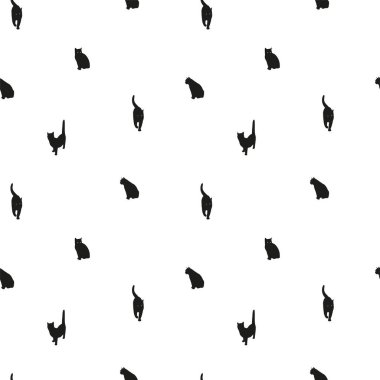 Kara kediler kusursuz desen. Beyaz arka planda oturan ve ayakta duran kedi silueti. Tekstil, kumaş ya da ambalaj kağıdı tasarımı. - Vektör illüstrasyonu