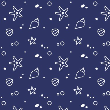 Deniz yıldızları deniz kabukları ve taşlar pürüzsüz desen. Kumaş, tekstil ya da deniz temalı kağıt tasarımı. Mavi arka planda beyaz çizgili sanat. - Vektör illüstrasyonu