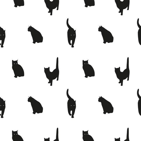 Siyah kedi siluetleriyle kusursuz desen. Minimalist kumaş ya da beyaz arka planda hayvan olan tekstil tasarımı. - Vektör illüstrasyonu