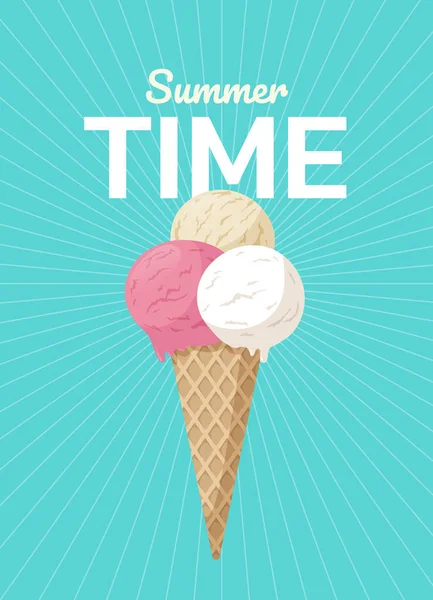 明るいターコイズの背景にテキストでアイスクリームコーンイラスト アイスクリームカフェの夏時間ポスターデザイン ベクトル — ストックベクタ