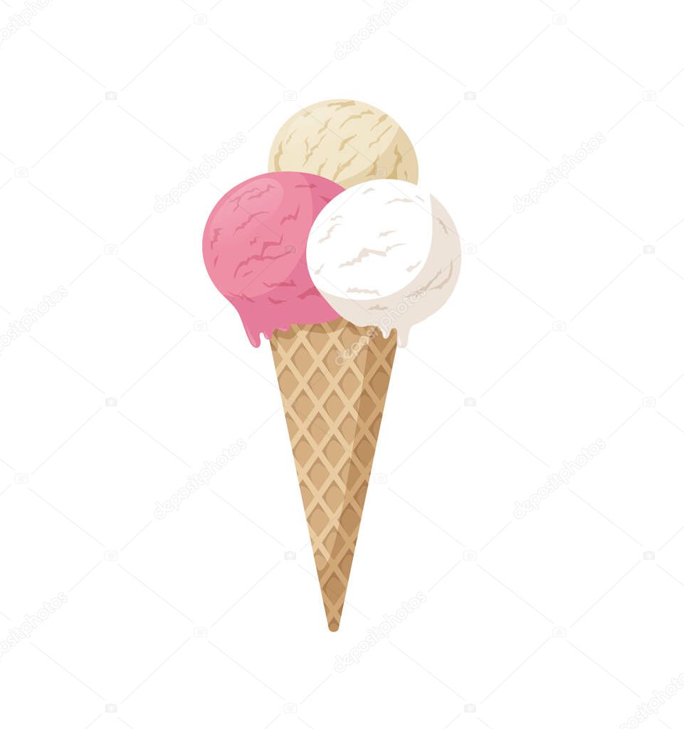 Ice Cream cone illustration with three flavors isolated on white background. Tasty cold dairy dessert for summer. - Vector