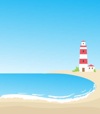 Deniz feneri hoş bir illüstrasyon. Mavi gökyüzüyle deniz kıyısı ve gemilerin deniz navigasyonu için deniz feneri. - Vektör