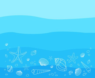 Mavi dalgalar düz arkaplan, el çizimi, deniz yıldızları ve deniz kabukları. Okyanus arka planı. - Vektör illüstrasyonu