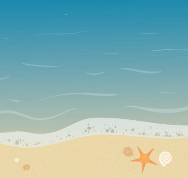 Üzerinde deniz yıldızı ve küçük kabuklar olan güzel bir deniz kıyısı. Sandy Beach yaz illüstrasyonu. - Vektör