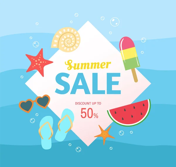 Conception Bannière Summer Sale Avec Des Vagues Bleues Différentes Icônes — Image vectorielle