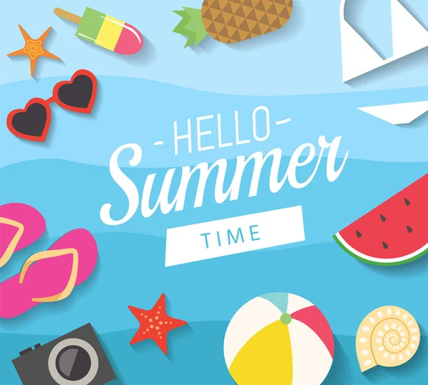 Merhaba Summer. Mavi dalgalı arka planı olan kart ya da afiş tasarım şablonu. Plaj tatil öğeleri düz vektör illüstrasyon stok illüstrasyonu