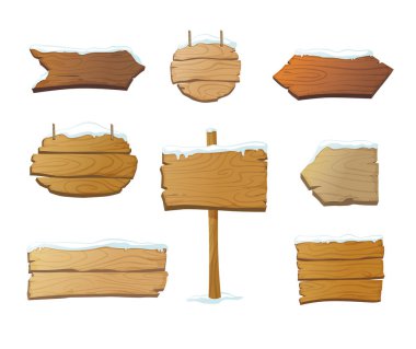 İzole edilmiş boş tabelalar ve karla kaplı işaretler. Farklı şekillerde çizgi film karakterleri. - Vektör illüstrasyonu