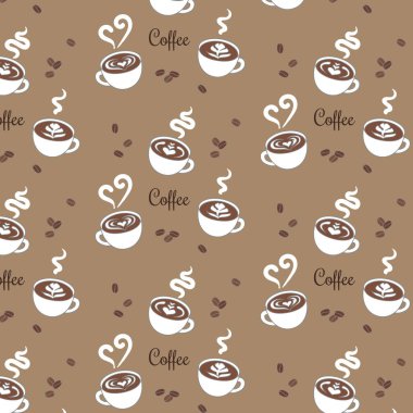 Kahverengi arka planda kahve çekirdekleri ve beyaz kahve fincanları olan kahve kalıpları. Tekstil veya duvar kağıdı için vektör yaratıcı illüstrasyon
