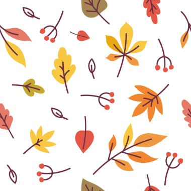 Sonbahar güzel ve pürüzsüz bir iz bırakır. Rengarenk yapraklar ve böğürtlenler düz çizim. Vektör içinde sonbahar duvar kağıdı veya tekstil tasarımı