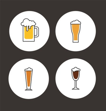 Vektör bira ikonları ayarlandı. Bar ya da bar için alkol ikonları. Gözlükteki farklı bira tipleri