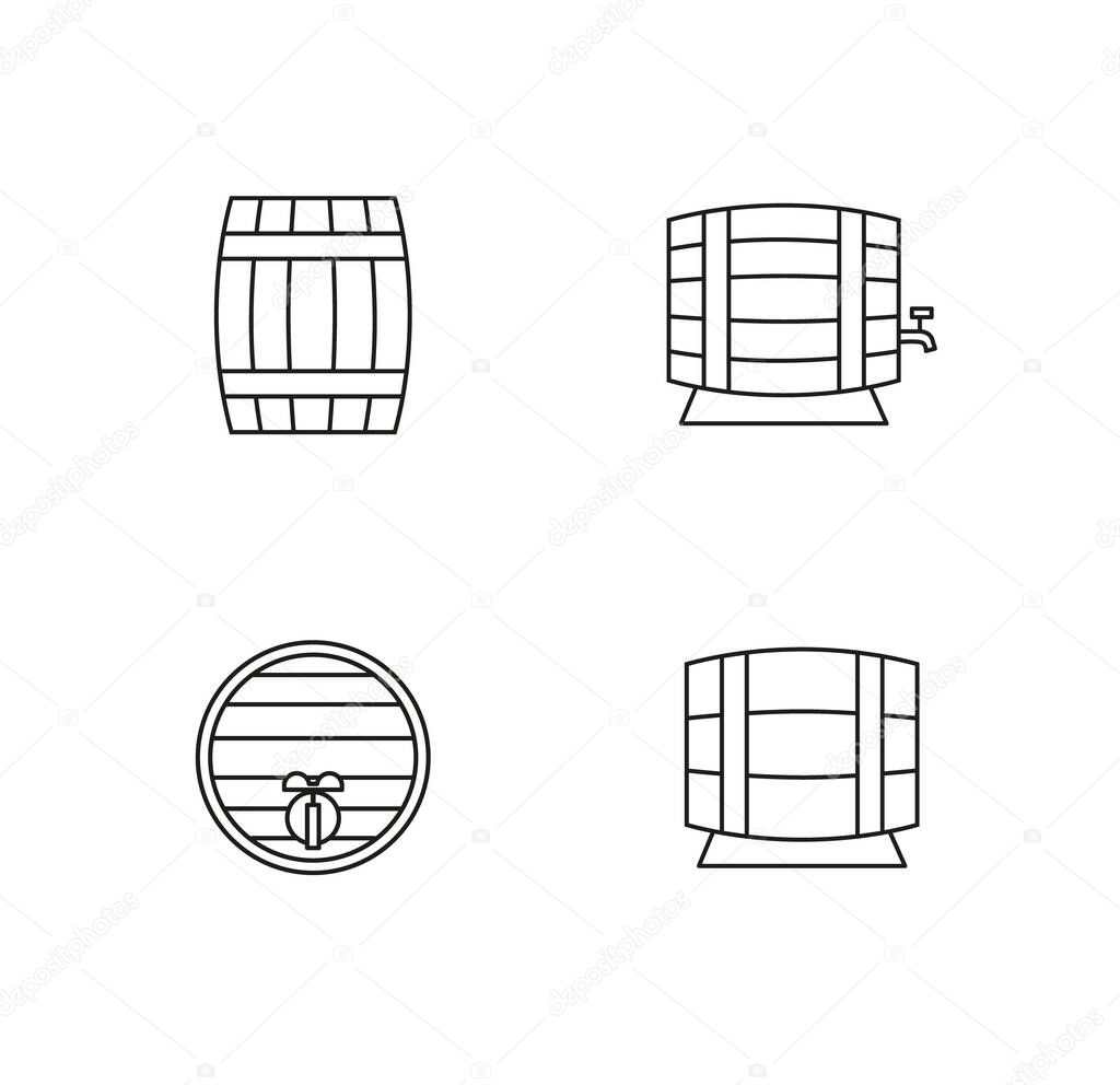 Wooden outline barrel set. Collection of linear pictograms for brewery or winery. Vector icon design isolated on white background