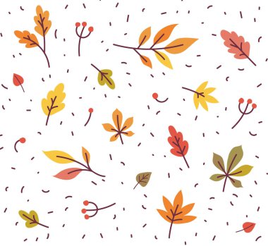 Beyaz arka planda parlak turuncu ve sarı sonbahar yaprakları ve meyveleri. Tasarım için yaratıcı düz sonbahar vektör çizimi