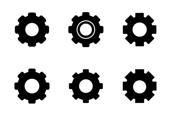 一组在白色背景上隔离的六个黑色齿轮图标 应用程序或网络的齿轮符号设计 矢量说明 — 图库矢量图片