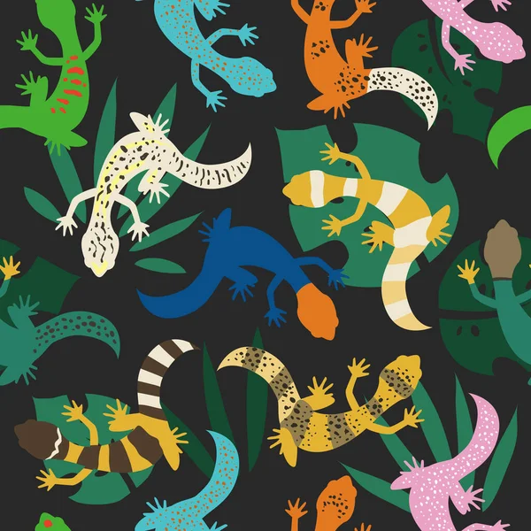 Ödlor Och Tropiska Blad Sömlösa Mönster Färgglada Reptiler Exotisk Illustration — Stock vektor