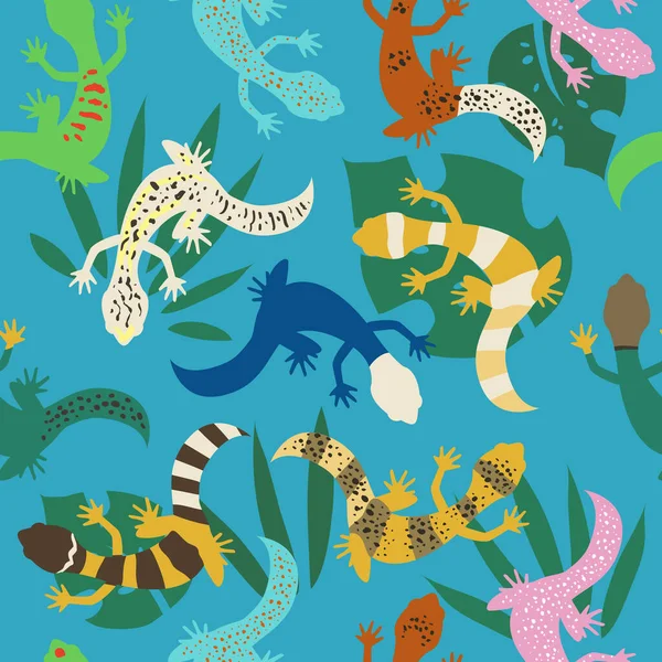 Lézards Feuilles Tropicales Motif Sans Couture Reptiles Colorés Illustration Exotique — Image vectorielle