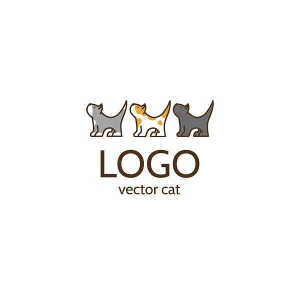 Üç kedi logosu tasarımı. Çizgi film tarzında şirin kedi sembolü ve beyaz arkaplanda izole edilmiş metin. Gri, siyah ve kızıl kedicikler. - Vektör