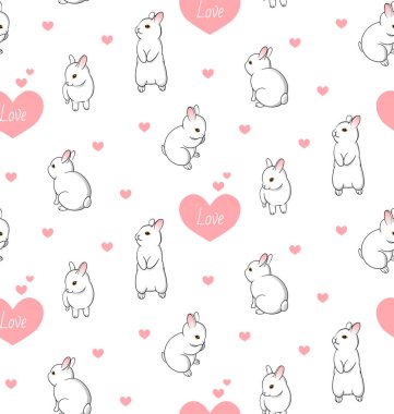 Şirin beyaz tavşancıkları ve pembe kalpleri olan desen. Tekstil tasarımı için beyaz arka planda birbirine aşık küçük tavşanlar. - Vektör