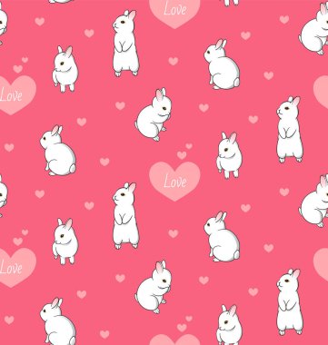Beyaz sevimli tavşancıkları ve pembe arka planda kalpleri olan bir model. Pembe kalpli, kusursuz babasız yavru tavşanlar. - Vektör