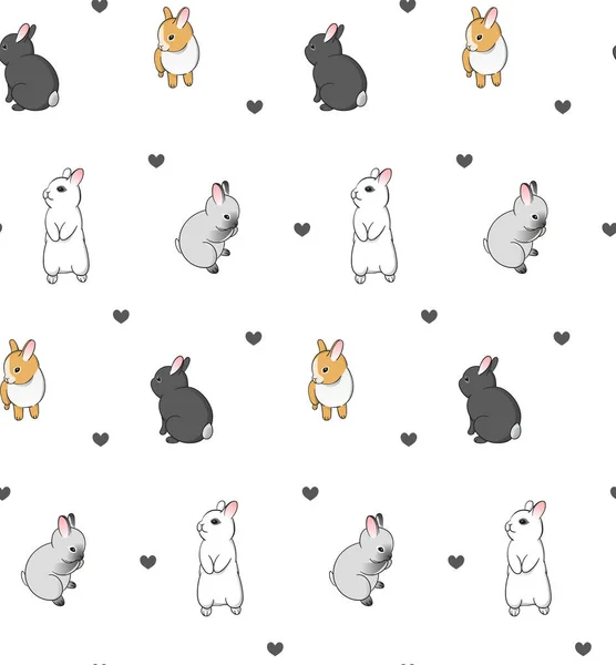 Sömlöst Mönster Med Små Kaniner Kanin Illustration Med Hjärtan Vit — Stock vektor