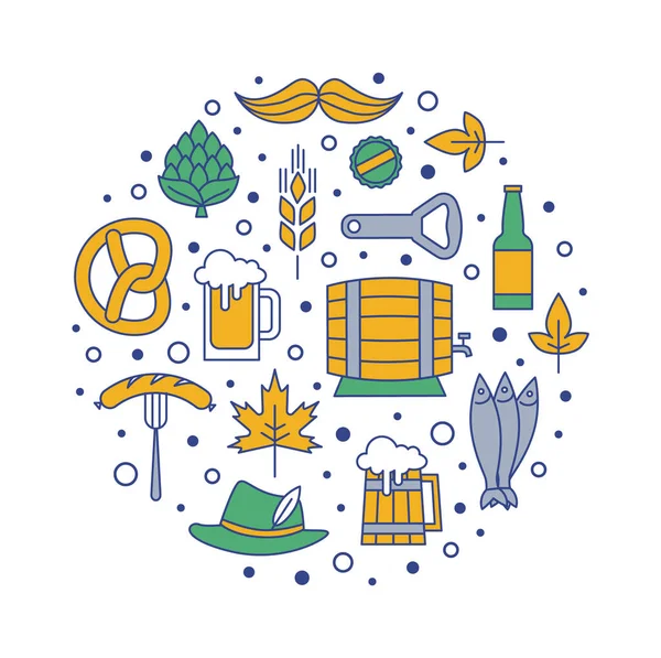 Geleneksel Alman bira festivali için Ekim Festivali düz bira hattı vektör ikonları. Bira fincanı, fıçı, şişe, kraker, hop, açılış, sosis ve daha fazlası gibi semboller.