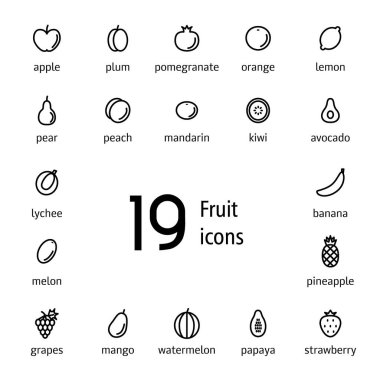 Vektör içinde düz egzotik meyve simgeleri kümesi. Avokado, liçi, kavun, mango, papaya, çilek ve beyaz arka planda izole edilmiş daha fazla piktogram içerir