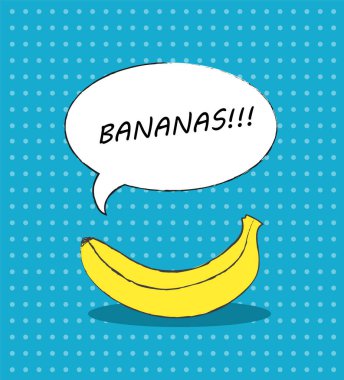 Mavi arkaplanda çizgi film muzu ve baloncuklu yazı. Tasarım, ağ ya da baskı için resim. - Vektör