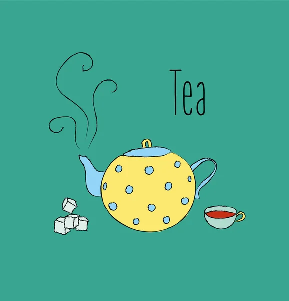黄色和蓝色波尔卡点好茶壶与一杯茶和糖 卡片或邀请函中可爱的茶图 — 图库矢量图片