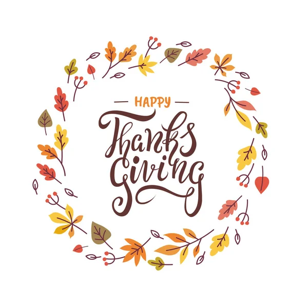 秋の幸せ感謝祭手書きのスタイリッシュな引用は花輪を残します 書道挨拶カードのための休日でベクトル上の白い背景 — ストックベクタ