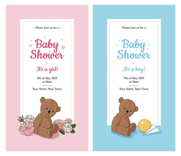 Állítsa Baby Shower Meghívókat Fiú Lány Aranyos Teddy Maci Csillagok — Stock Vector