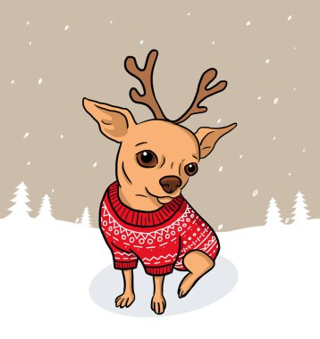 Karlı Noel chihuahua köpek çizimi. Kırmızı kazaklı köpek ve karlı arka planda geyik boynuzları.