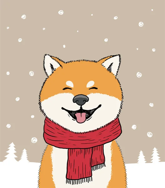 Wintergrußkarte Mit Glücklich Lächelndem Shiba Inu Hund Schal Und Schnee — Stockvektor