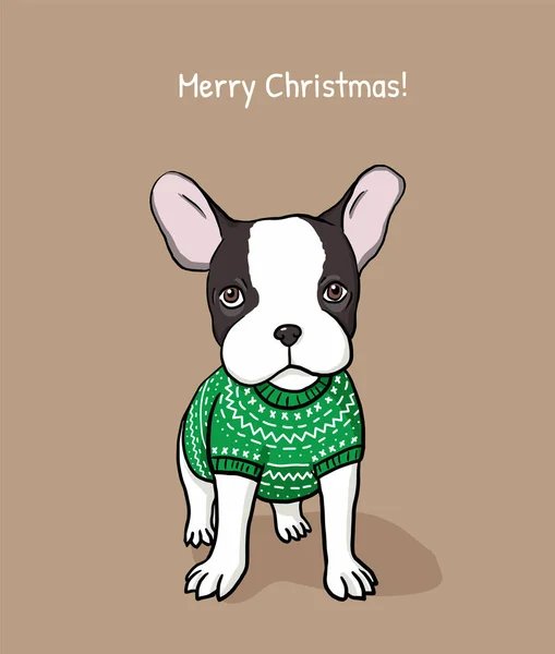 Feliz Natal Cartão Saudação Com Cachorro Buldogue Francês Vestido Com — Vetor de Stock