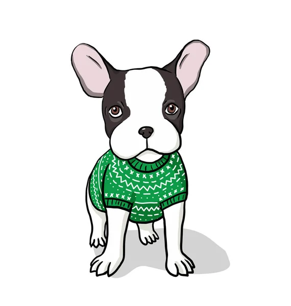 Illustration Chiot Bulldog Français Habillé Chien Mignon Pull Vert Sur — Image vectorielle