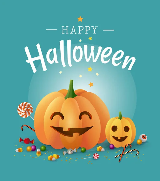 Design Cartão Felicitações Feliz Halloween Com Abóboras Laranja Bonito Doces — Vetor de Stock