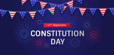 Anayasa Günü afiş şablonu havai fişek ve mavi arka planda bayraklı çelenk. Amerika 'da 17 Eylül Vatandaşlık Günü. - Vektör illüstrasyonu