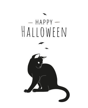 Siyah kedi silueti, yazı ve beyaz arka planda yarasalar. Minimalist bir şekilde Cadılar Bayramı tebrik kartın kutlu olsun. - Vektör illüstrasyonu
