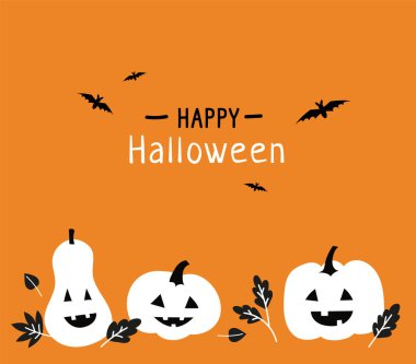 Mutlu Cadılar Bayramı. Siyah yapraklı beyaz balkabakları ve turuncu arka planda yarasalar. - Vektör illüstrasyonu