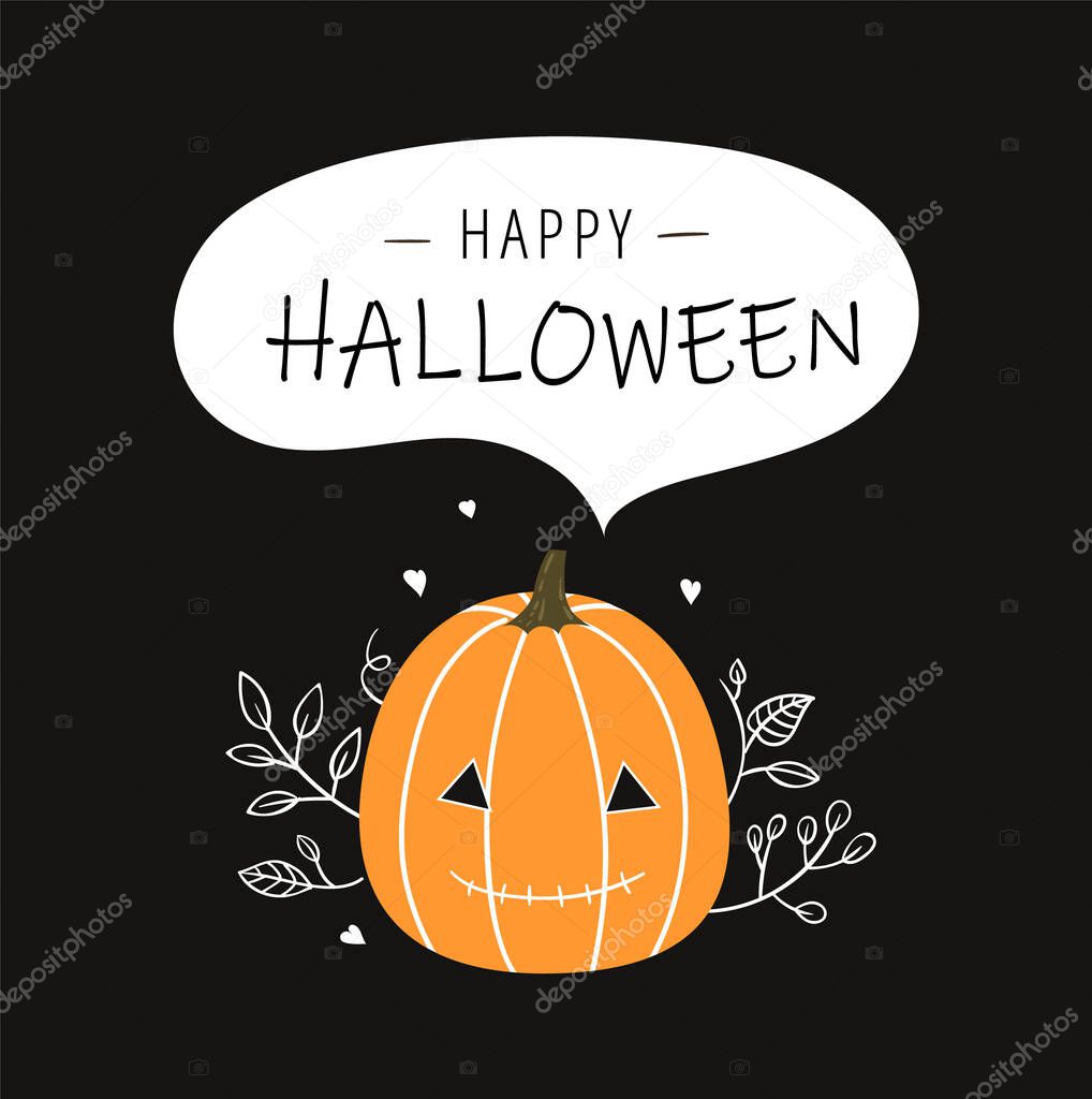 Happy Halloween greeting card design. Orange scary pumpkin with text and leaves on black background vector illustration