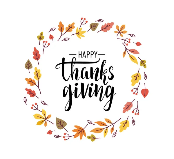 Joyeux Thanksgiving Lettrage Manuscrit Automne Feuilles Couronne Illustration Conception Calligraphique — Image vectorielle